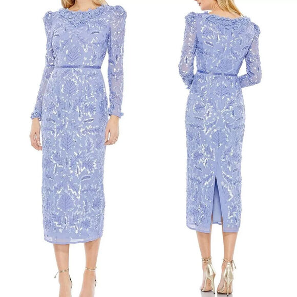 NWT Mac Duggal Fitted Dress Embellished High Neck Puff Sleeve Periwinkle Size 14 - Picture 1 of 7